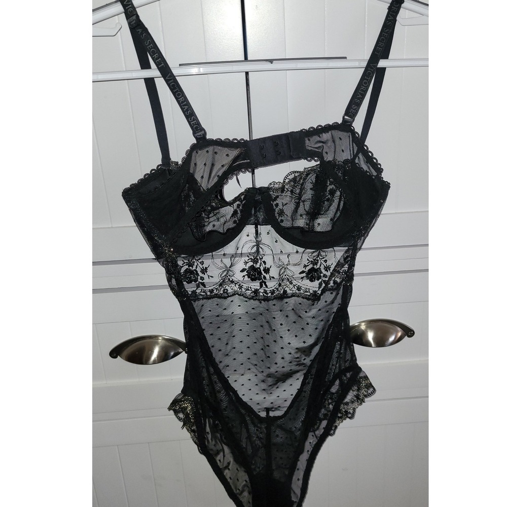 Victoria's Secret Black Gold Floral Embroidered Mesh Underwire Bodysuit S NEW - Picture 5 of 8